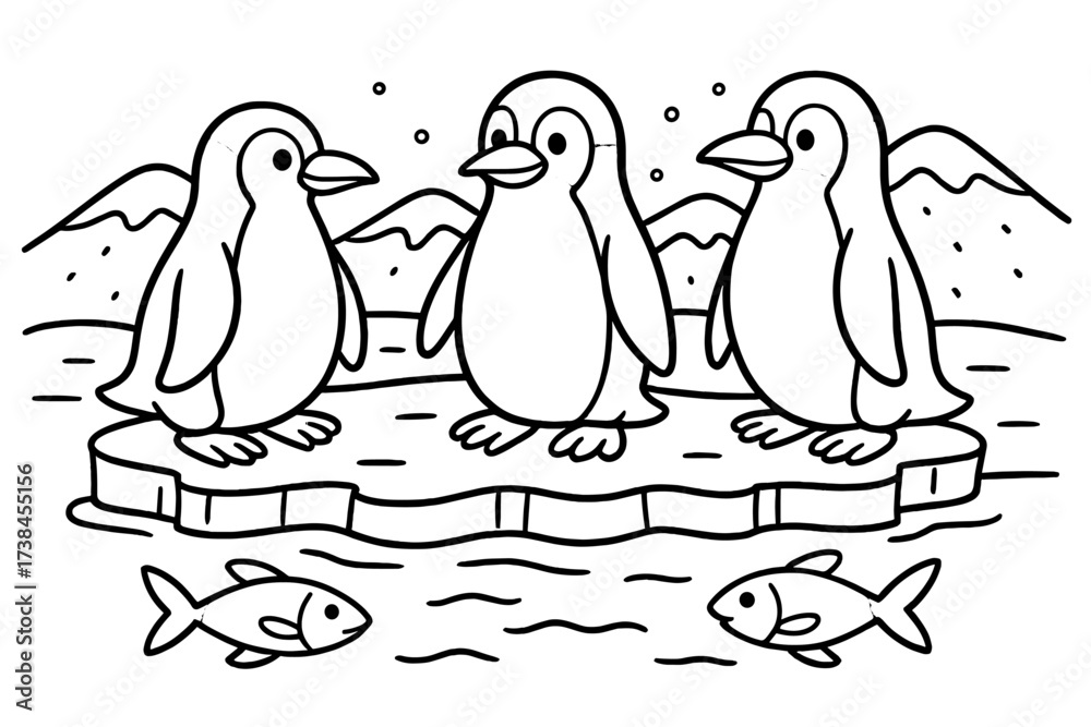 Naklejka premium Penguins on Ice. Zoo animals coloring page: penguins standing on ice, fish swimming near, snowy hills, black and white vector line