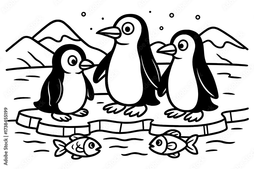 Fototapeta premium Penguins on Ice. Zoo animals coloring page: penguins standing on ice, fish swimming near, snowy hills, black and white vector line