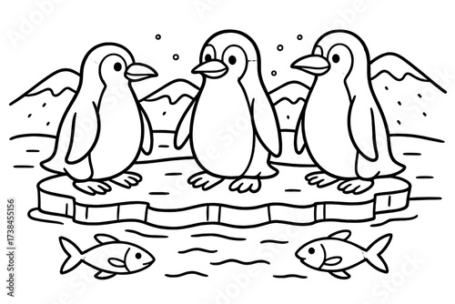 Penguins on Ice. Zoo animals coloring page: penguins standing on ice, fish swimming near, snowy hills, black and white vector line