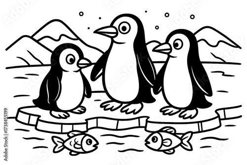 Penguins on Ice. Zoo animals coloring page: penguins standing on ice, fish swimming near, snowy hills, black and white vector line