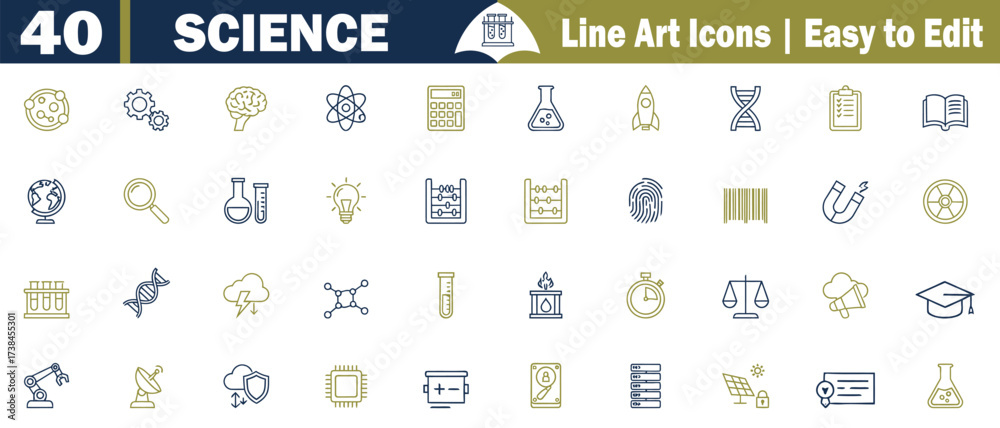 Naklejka premium Science line art icons set. Blue and gold research, discovery, innovation, education, knowledge, biology, chemistry, physics, medicine, astronomy, data, vector illustration. 