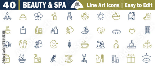 Beauty and Spa Comprehensive Line Art Icons set. For Health and Lifestyle, wellness, health, self-care, hygiene, cosmetics, makeup, skincare, massage, relaxation, meditation, yoga, nature,  vectors. 
