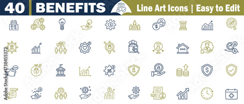 Comprehensive collection of 40 line art icons for business and benefits symbols with finance, technology, people, teamwork, growth, security, money, coins, vector illustration. 