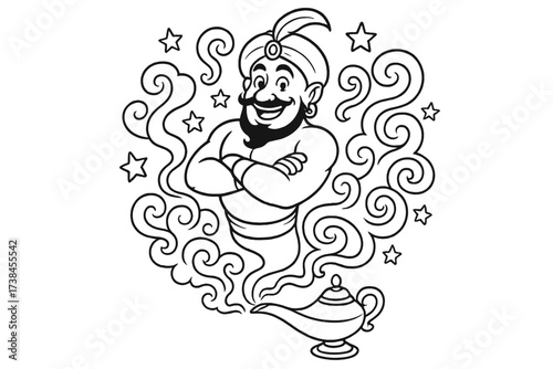 Genie Emerging Illustration. Magical creatures coloring page: genie coming out of lamp, smoke swirls around, stars shining, black