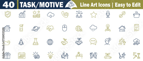 Forty Task and Motive Line Art Icons set. With Business and Creative Symbols, project, goal, achievement, success, finance, money, teamwork, communication, technology, education, vector illustration. 