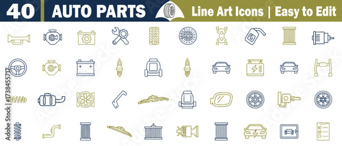 Automobile Parts and Accessories Line Art Icons Set. In blue and gold, car parts, automotive, vehicle, engine, tire, battery, wrench, gear, wheel, brake disc, fuel can, air filter, vector illustration