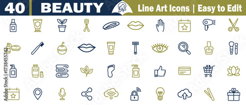 Beauty and Personal Care Line Art Icons set. With cosmetic, makeup, skincare, health, spa, nature, time, calendar, gift, shopping, hair, face, lips, hand, eye, razor, Blue and Gold vector illustration