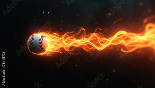 Baseball ball on fire moving fast through dark space. Fiery sport ball burning blazing flames abstract design. Dynamic sport competition concept with energy and power.