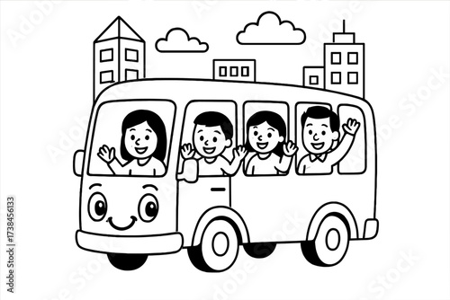 Cheerful Bus Ride. Transportation coloring page: bus with passengers waving inside, smiling headlights, city buildings behind,