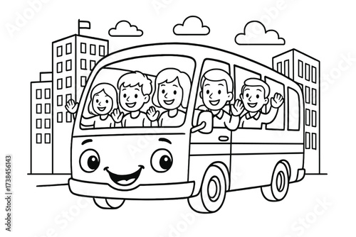 Cheerful Bus Ride. Transportation coloring page: bus with passengers waving inside, smiling headlights, city buildings behind,