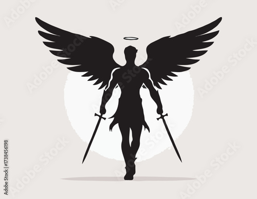 Male Angel Warrior in Dramatic Pose Silhouette vector image isolated on white background.