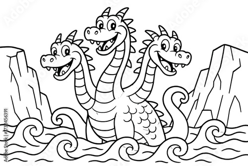 Hydra Coloring Page. Magical creatures coloring page: hydra with three dragon heads smiling, waves and cliffs around, black and