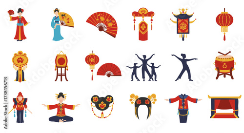 Vector icons set Chinese fan dance performance traditional culture