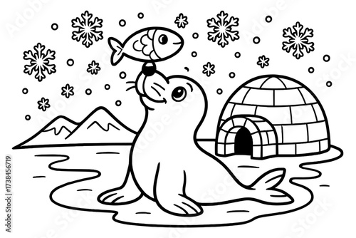 Seal's Balancing Act. Frozen world coloring page: seal balancing fish on nose, snowflakes falling, igloo nearby, black and white