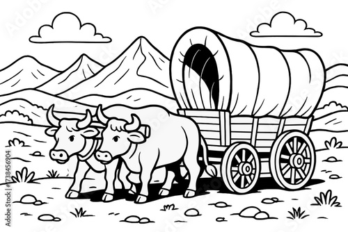 Pioneer Wagon Scene. Pioneer trail coloring page: covered wagon with oxen pulling, mountains and desert hills behind, black and