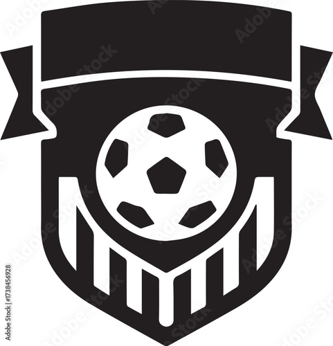 Monochrome sports badge with classic soccer ball and striped shield.