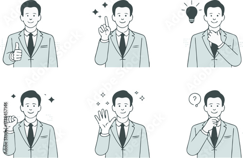 man character set with gestures thinking idea approval question confident businessman avatar illustrations