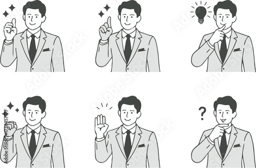 businessman avatar series in suit green tie set of gestures thumbs up thinking stop point idea