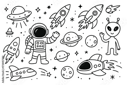Interstellar Doodle Adventure. Doodle interstellar travel with spaceships, astronauts, and alien friends in black and white