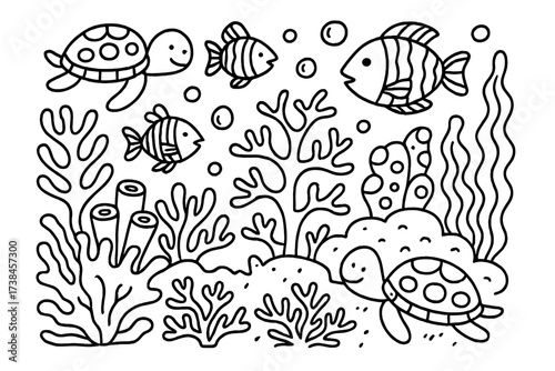 Underwater Black and White Doodle. Doodle coral reef with colorful fish, corals, and sea turtles in black and white isolated