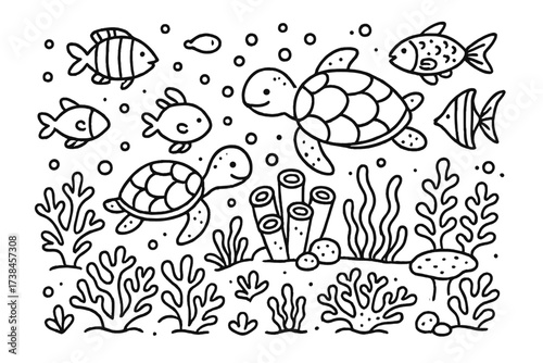 Underwater Black and White Doodle. Doodle coral reef with colorful fish, corals, and sea turtles in black and white isolated