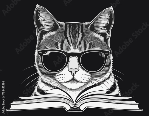 Cute Cat Wearing Glasses Deeply Engrossed in Reading a Book in a Fun Black and White Vector