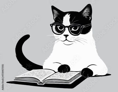 Cute Cat Wearing Glasses Deeply Engrossed in Reading a Book in a Fun Black and White Vector