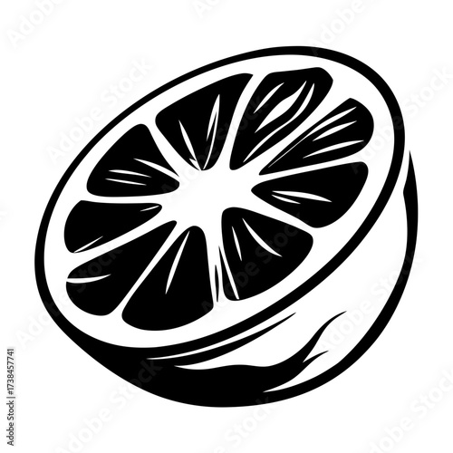 Bold and graphic depiction of a citrus slice in black and white