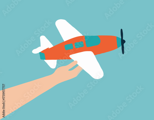 Hand holding toy airplane image vector isolated on white background.