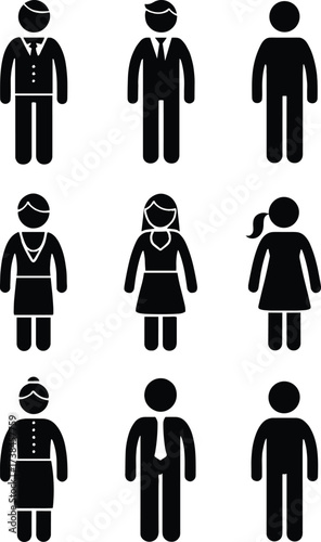 Set of nine black silhouette icons, diverse human figures in professional attire, gender representation concept, minimalist vector design for signage, infographics, and identity themes