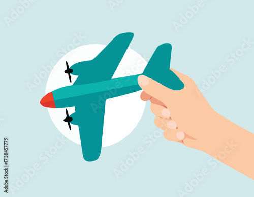 Hand holding toy airplane image vector isolated on white background.