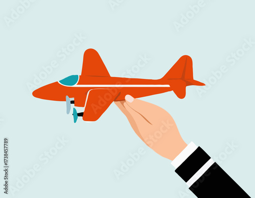 Hand holding toy airplane image vector isolated on white background.