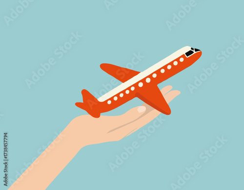 Hand holding toy airplane image vector isolated on white background.