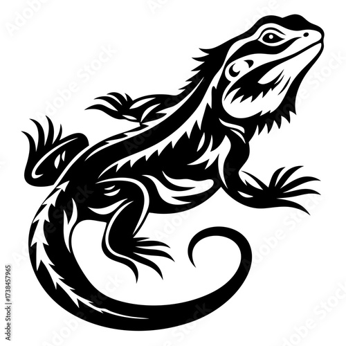 Bold black and white bearded dragon with intricate tribal design artwork