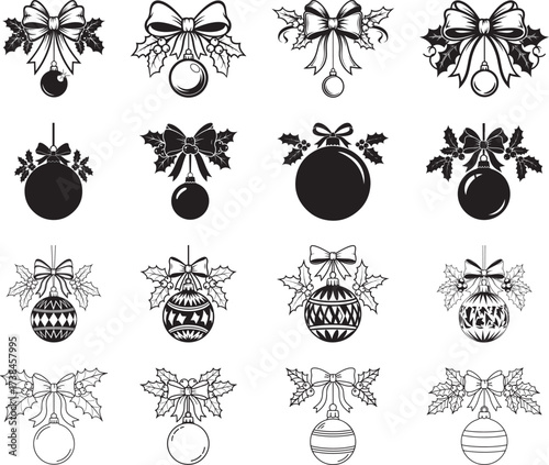 Christmas ornaments collection with baubles bows and holly leaves.