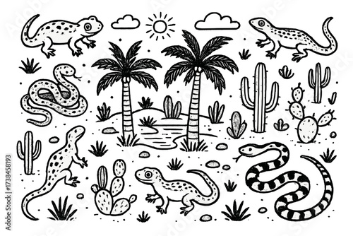 Desert Wildlife Illustration. Playful desert illustration with lizards, snakes, and palm oases in black and white isolated