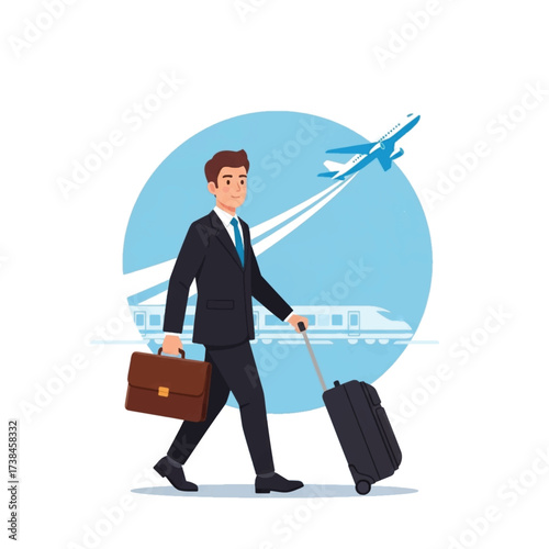 Businessman with luggage traveling on business trip isolated on white background