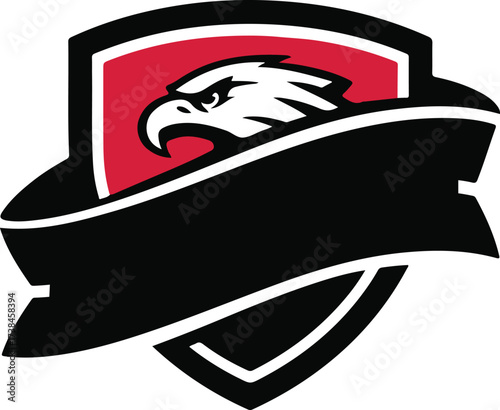 Fierce eagle head shield mascot logo with bold black banner.
