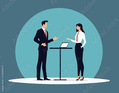 Two Professionals Engaged in a Business Discussion While Standing Vector Illustration