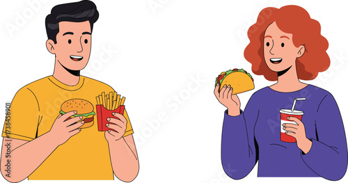 Fast food lovers, eating burger, taco, fries, soda, casual dining, street food, snack time, junk food, tasty meal, urban lifestyle
