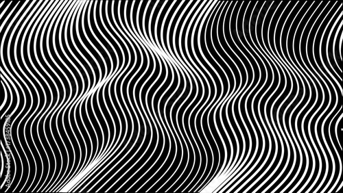 Dynamic black and white optical illusion pattern with flowing wavy lines creating a mesmerizing abstract graphic background texture, perfect for modern digital designs and artistic backdrops
