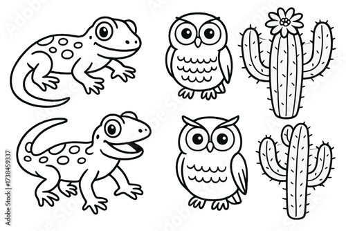 Desert Creatures Cartoon. Cartoon desert creatures with lizards, owls, and blooming cactus in black and white isolated transparent