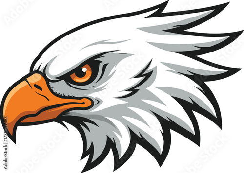 Bald eagle head profile illustration with sharp beak and fierce eye, patriotic American symbol of strength and freedom, cad drawing flat vector illustration