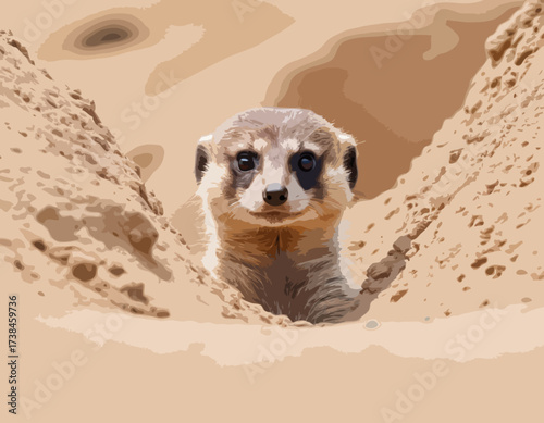 Meerkat Vector Images. Natural habitat of a cute meerkat peeking out of its burrow image vector.
