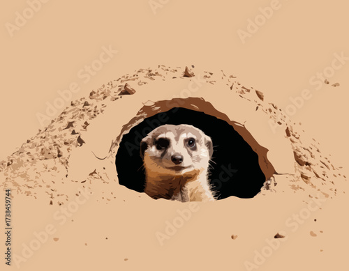 Meerkat Vector Images. Natural habitat of a cute meerkat peeking out of its burrow image vector.