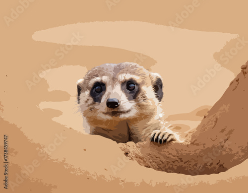 Meerkat Vector Images. Natural habitat of a cute meerkat peeking out of its burrow image vector.