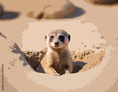 Meerkat Vector Images. Natural habitat of a cute meerkat peeking out of its burrow image vector.