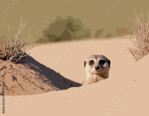 Meerkat Vector Images. Natural habitat of a cute meerkat peeking out of its burrow image vector.