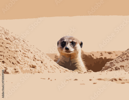 Meerkat Vector Images. Natural habitat of a cute meerkat peeking out of its burrow image vector.