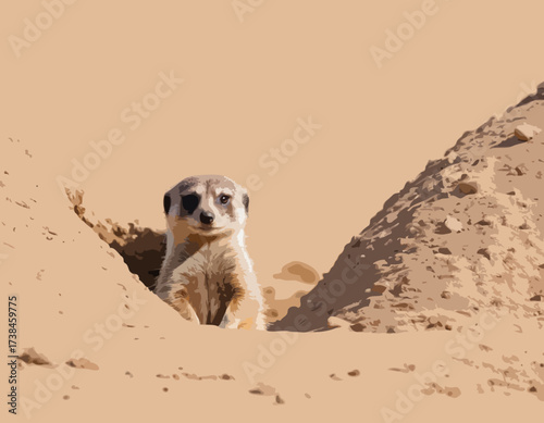 Meerkat Vector Images. Natural habitat of a cute meerkat peeking out of its burrow image vector.